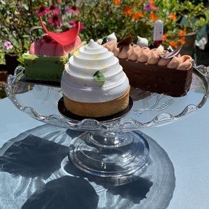 Beautiful antique cake stand with flora pattern  and scalloped edges.